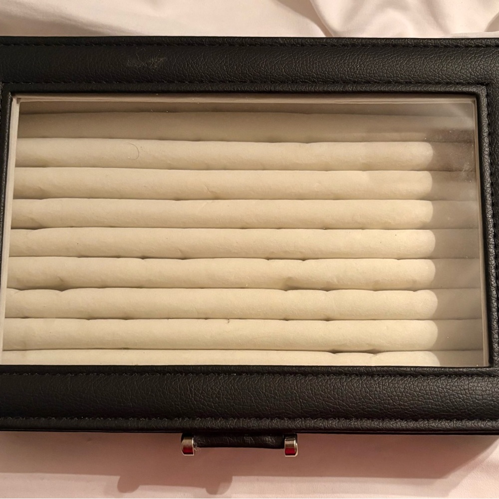 Black Leather Watch Box or Ring Box with Tempered Glass Lid